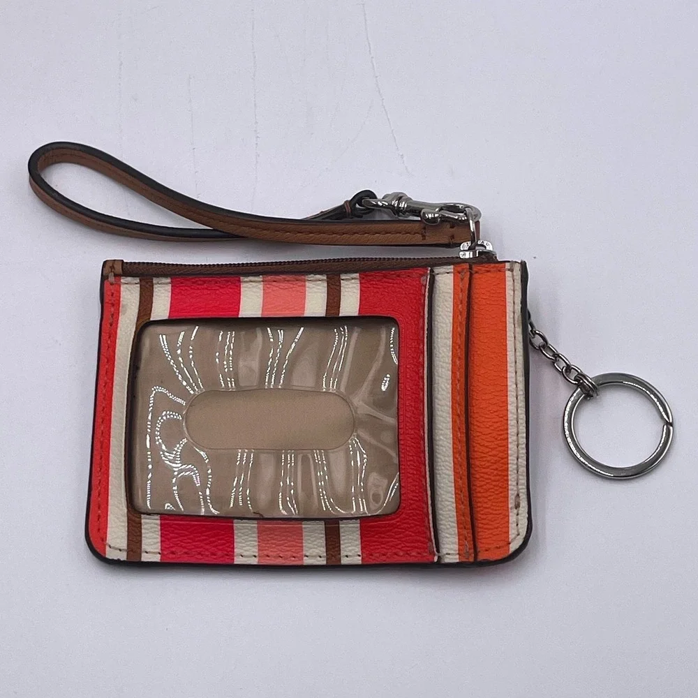 Coach Multi Color Striped ID Skinny‎ Mini Wallet Wristlet Pink Orange Brown